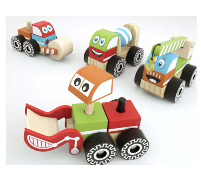 Set 4 Masinute Utilitare - Betoniera, Compactor, Excavator, Macara, din lemn [5]