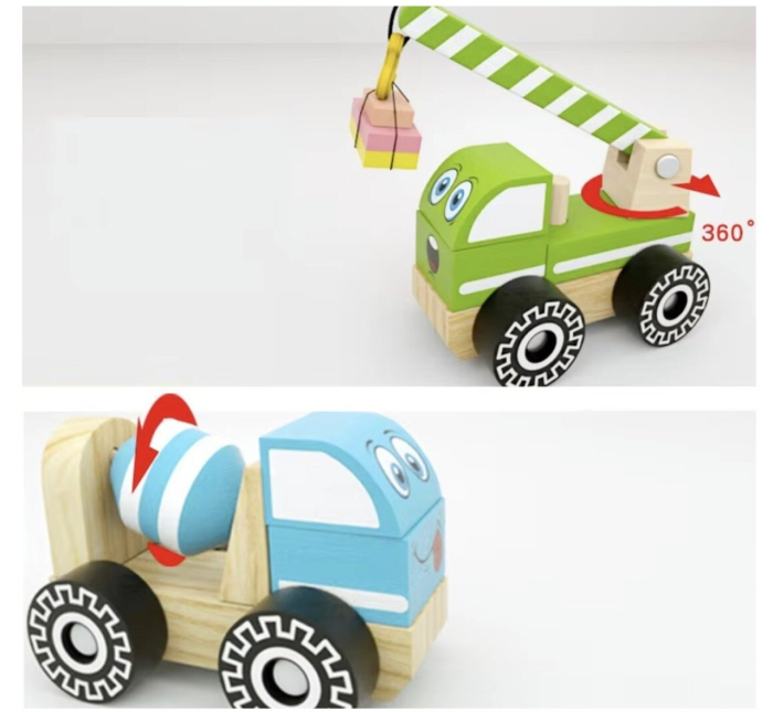 Set 4 Masinute Utilitare - Betoniera, Compactor, Excavator, Macara, din lemn [7]