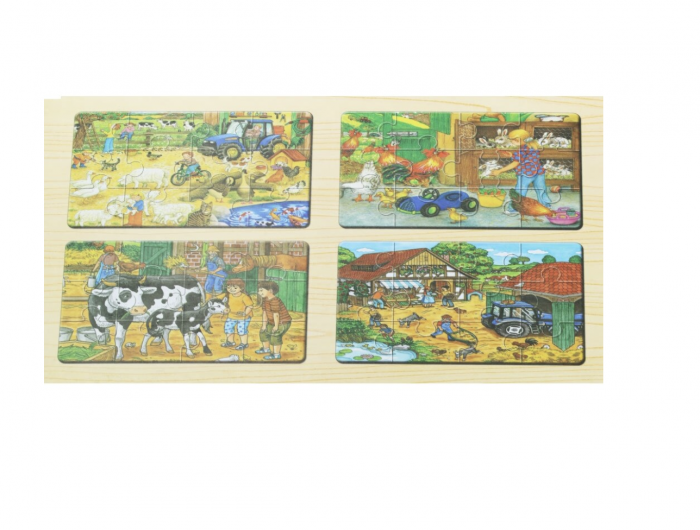 Set 4 puzzle Activitati de la ferma, in cutie, din lemn, 48 piese