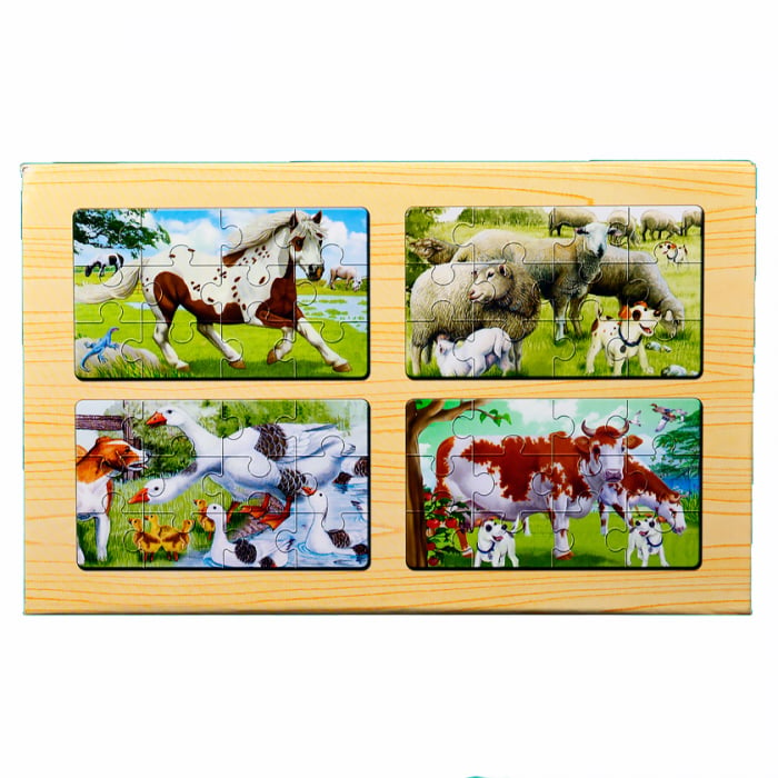 Set 4 puzzle Animale de la ferma Calut, in cutie, din lemn, 48 piese