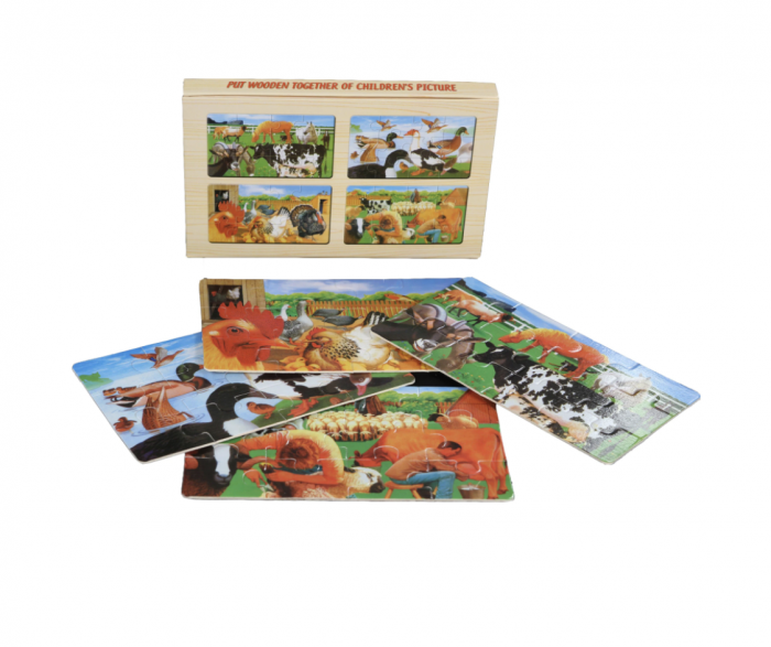 Set 4 puzzle Animale de la ferma Pasari, in cutie, din lemn, 48 piese