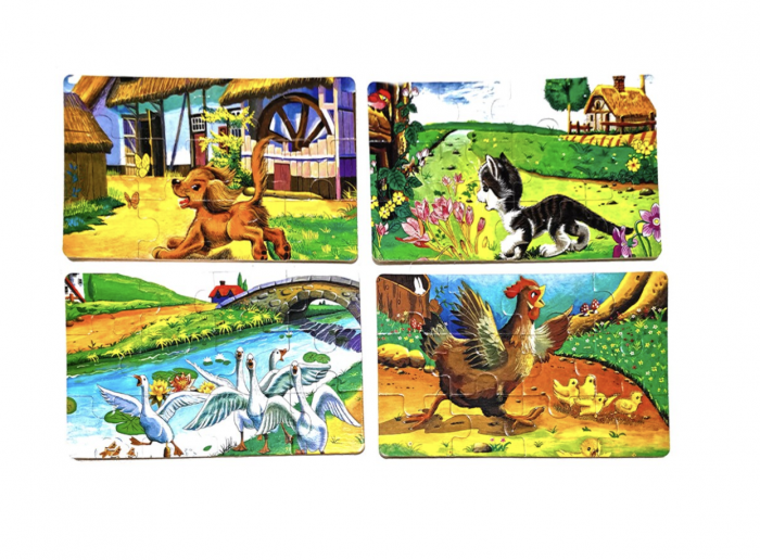 Set 4 puzzle Animale domestice, Pisica, in cutie, din lemn, 48 piese