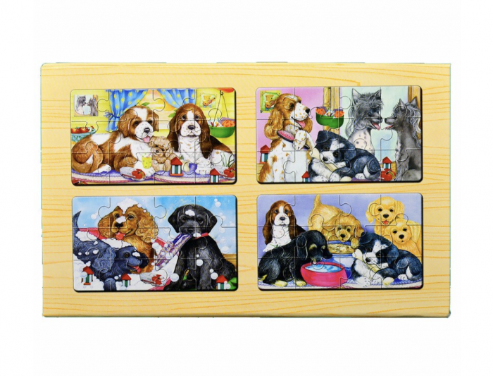 Set 4 puzzle Animale salbatice, Catei, in cutie, din lemn, 48 piese