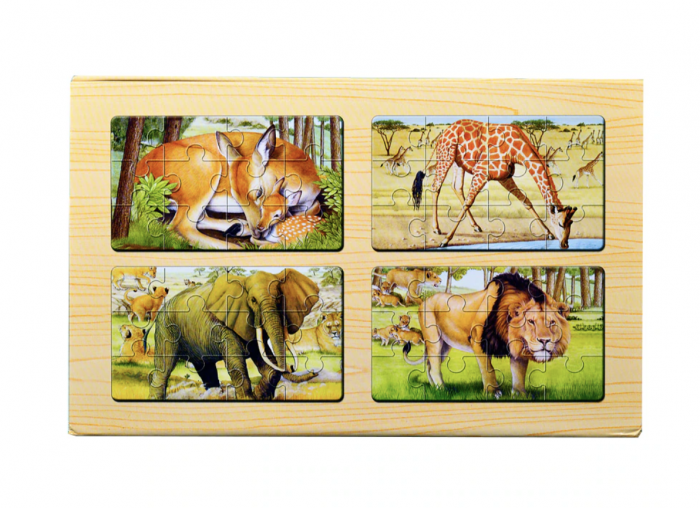 Set 4 puzzle Animale salbatice, Leu, in cutie, din lemn, 48 piese