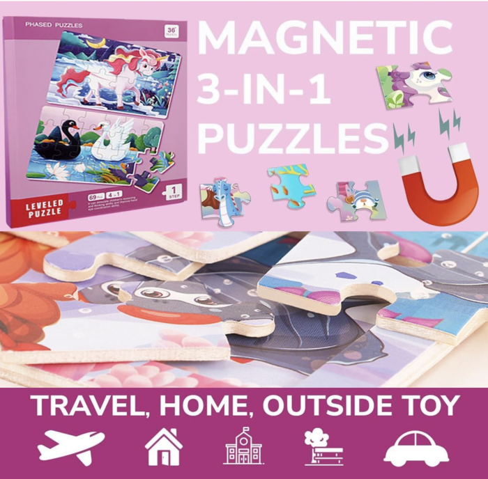 Set 4 puzzle-uri magnetice din lemn – animale, Montessori [4]