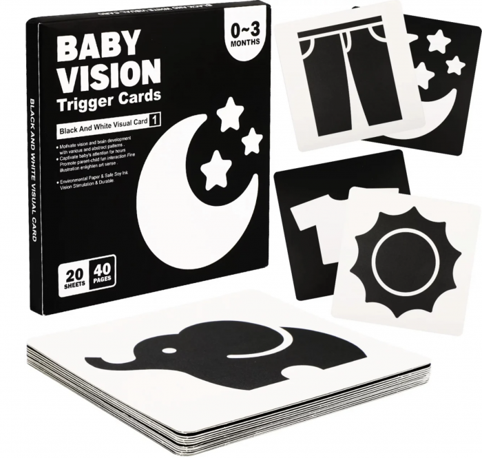 Set 20 carduri STEM alb-negru, de stimulare vizuala pentru bebelusi 0-3 luni
