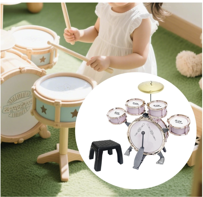 Set 5 Tobe Roz Pentru Copii Jazz Drum Cu Cinel Scaun Si Pedala Plastic ABS 3 Ani [2]