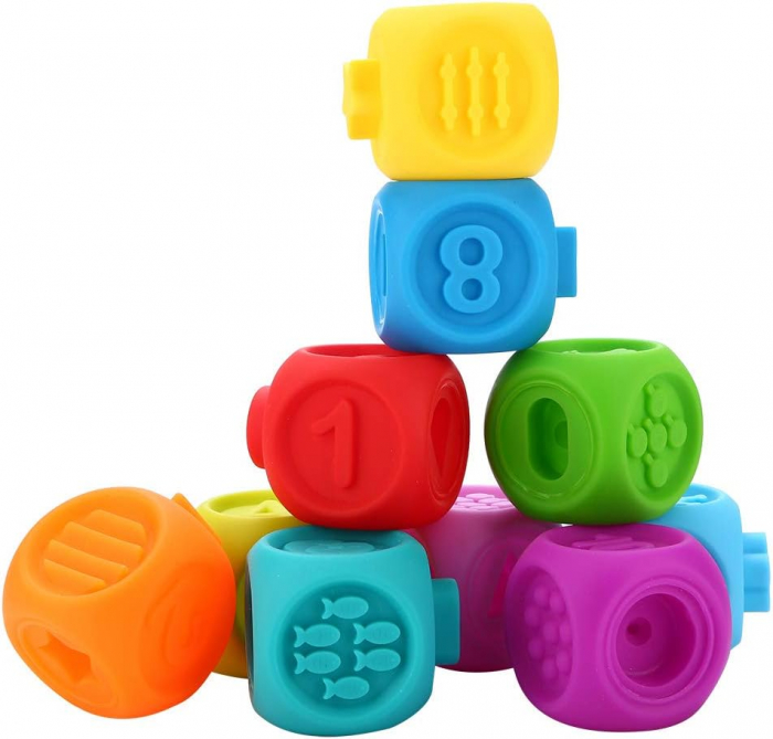 Set 9 cuburi siliconate cuplabile, cu cifre, pentru dentitie sau baita