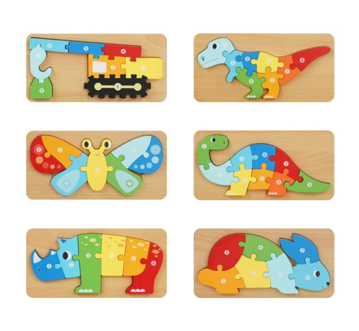 Set 6 Puzzle Incastu cu animale, din lemn masiv ,   Piese Mari numerotate