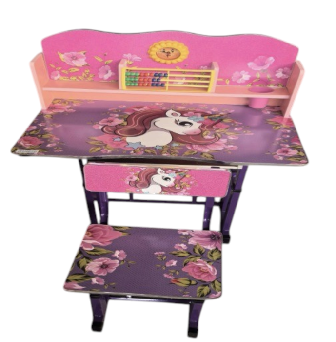 Set birou si scaun copii A5, cu cadru metalic, blat MDF, ceas si abac, Unicorn roz [4]