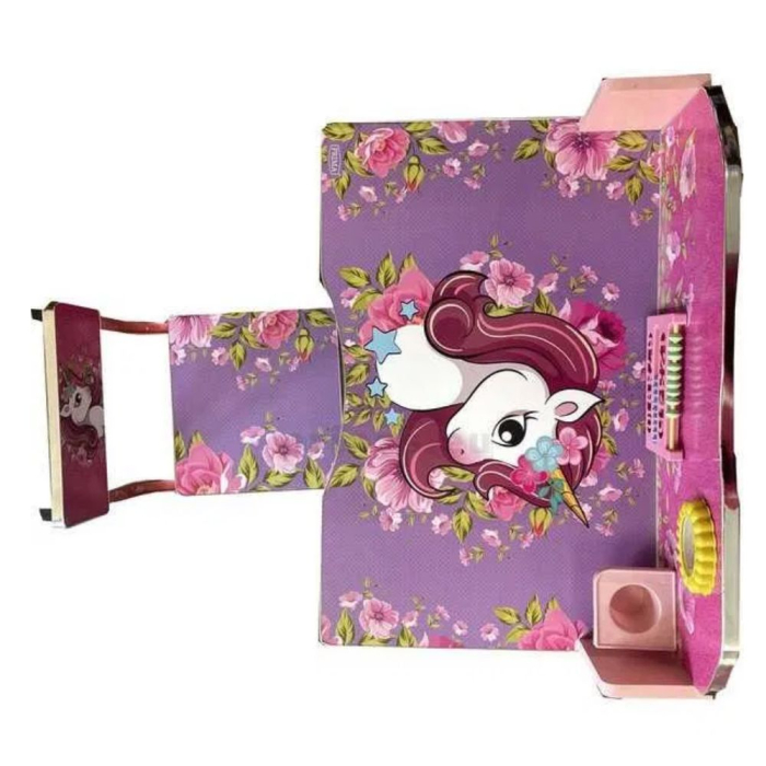 Set birou si scaun copii A5, cu cadru metalic, blat MDF, ceas si abac, Unicorn roz [2]