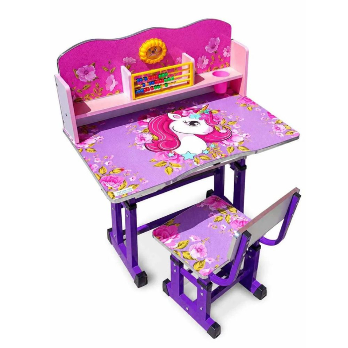 Set birou si scaun copii A5, cu cadru metalic, blat MDF, ceas si abac, Unicorn roz [3]