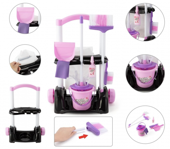 Set carucior de curatenie cu matura, galeata si mop, roz [5]