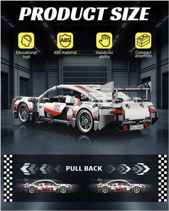 Set constructie masina de curse Supercar, scara 1:18 pull-back, 455 piese, 6 ani+ [2]
