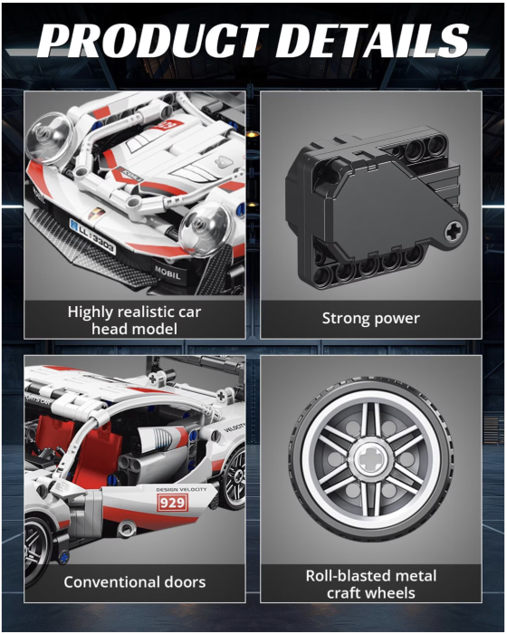 Set constructie masina de curse Supercar, scara 1:18 pull-back, 455 piese, 6 ani+ [3]