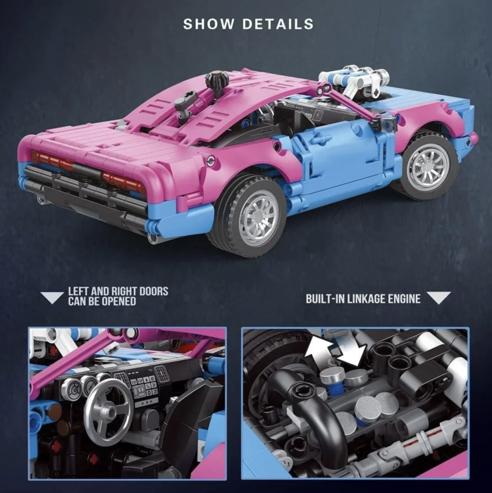 Set constructie masina sport retro Muscle Car roz-bleu, motor cu pistoane, 925 piese, 16 ani+ [5]