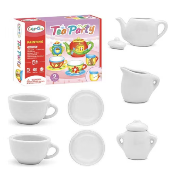 Set creativ de pictat mini serviciu de ceai din ceramica Tea Party, 9 piese, vopsele si pensula, +5 ani [2]
