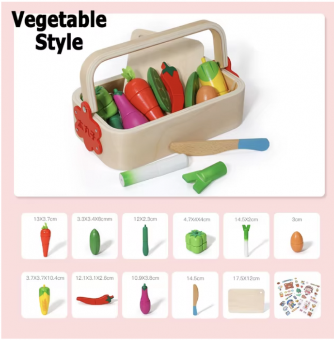 Set Cutie de tip Cos cu Tocator și Legume, cu stickere, din Lemn [3]