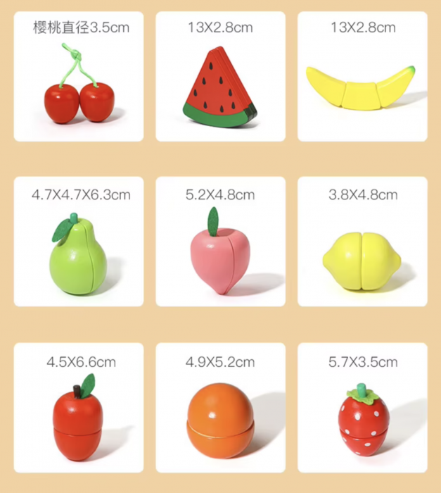 Set Cutie de tip Cos cu Tocator și Fructe, cu stickere, din Lemn [2]