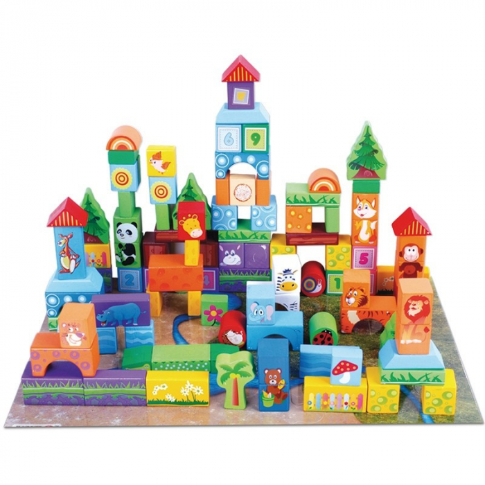 Set de constructie 100 Cuburi din lemn - Animale Salbatice [4]