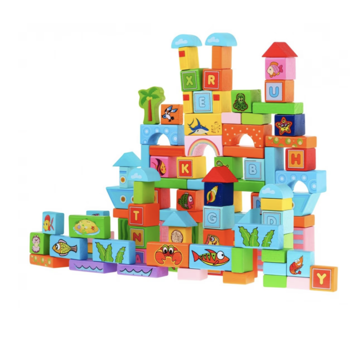 Set de constructie 100 Cuburi din lemn - Ocean, Animale Marine