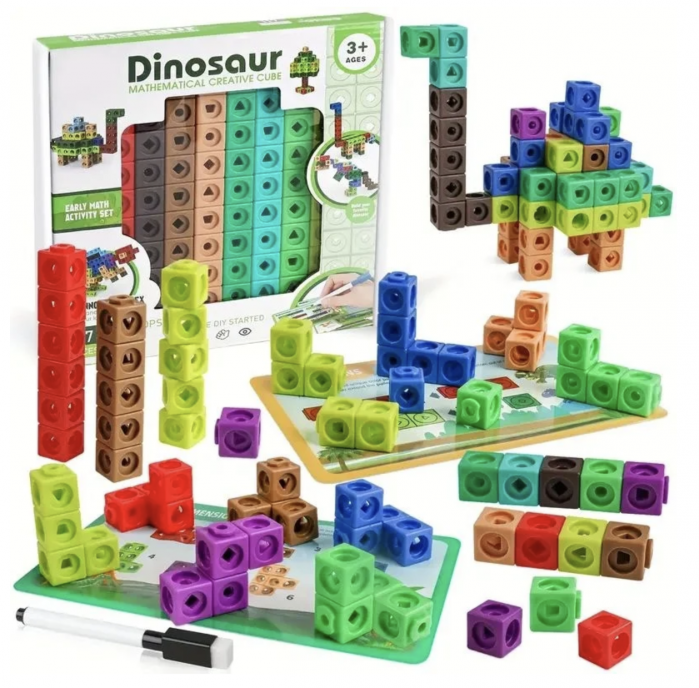 Set de constructie si calcule matematice, cuburi interconectabile, Dinozaurul, cu 117 piese