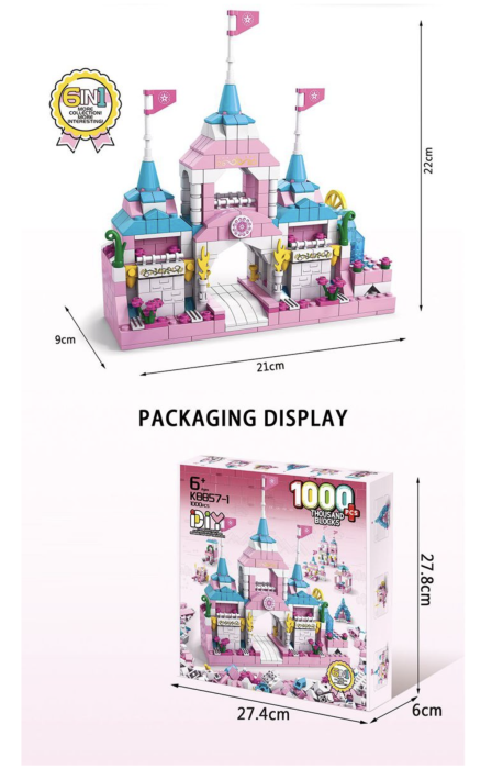 Set constructie castel 1000 piese – model roz pentru copii 6+ ani [6]