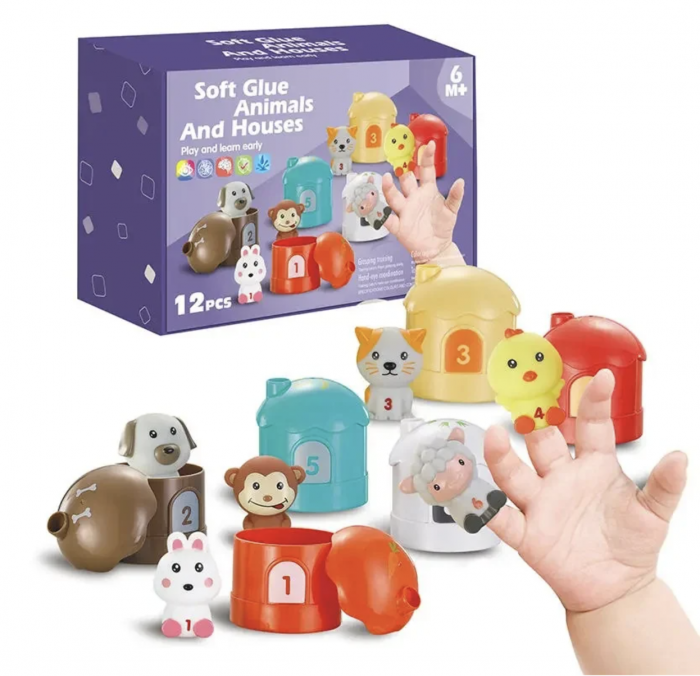 Set Educativ de Marionete Finger Puppets Multifunctionale, Animalele si Casutele lor , 12 Piese