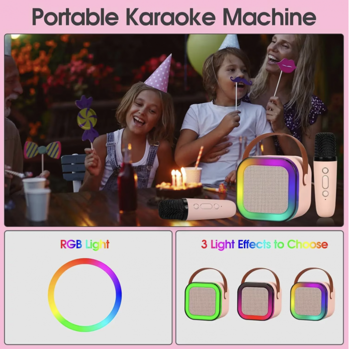 Set Karaoke cu Boxa Difuzor cu Microfon Wireless, cu bluetooth, acumulator, roz [5]