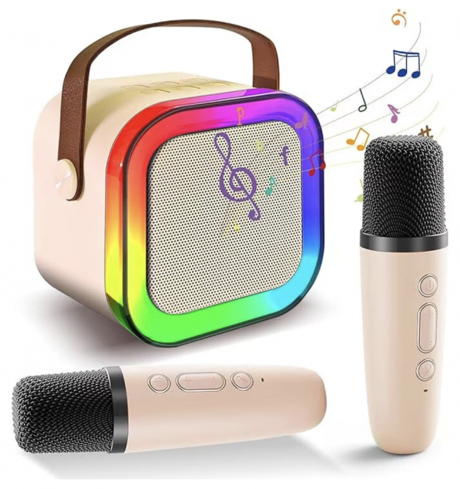 Set Karaoke cu Boxa Difuzor si 2 Microfoane Wireless, cu bluetooth, acumulator, crem [7]