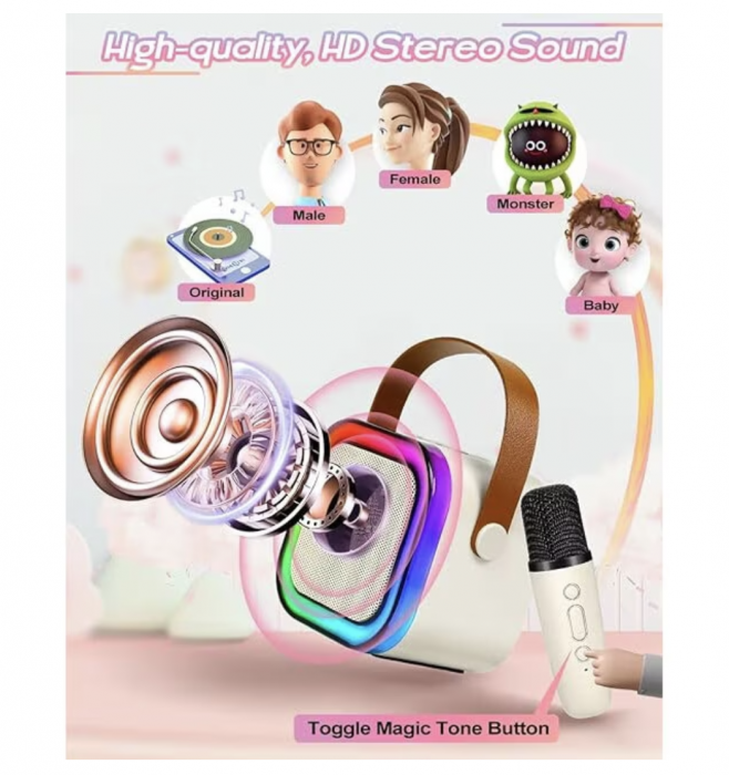 Set Karaoke cu Boxa Difuzor cu Microfon Wireless, cu bluetooth, acumulator, roz [8]