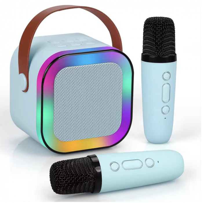 Set Karaoke cu Boxa Difuzor si 2 Microfoane Wireless, cu bluetooth, acumulator si radio, bleu