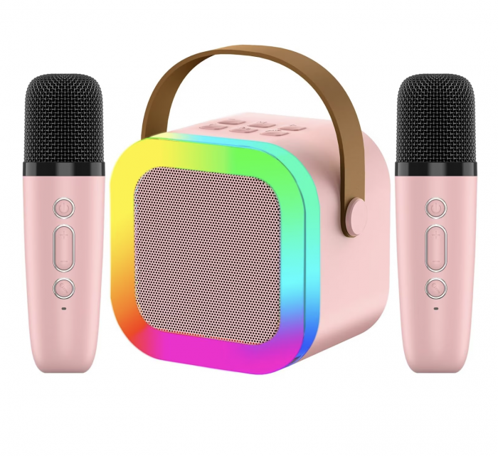 Set Karaoke cu Boxa Difuzor si 2 Microfoane Wireless, cu bluetooth, acumulator, roz [2]