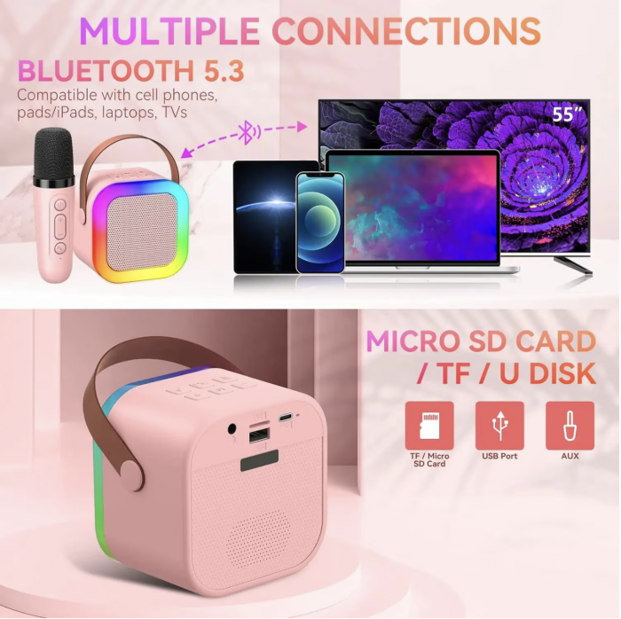 Set Karaoke cu Boxa Difuzor cu Microfon Wireless, cu bluetooth, acumulator, roz [2]