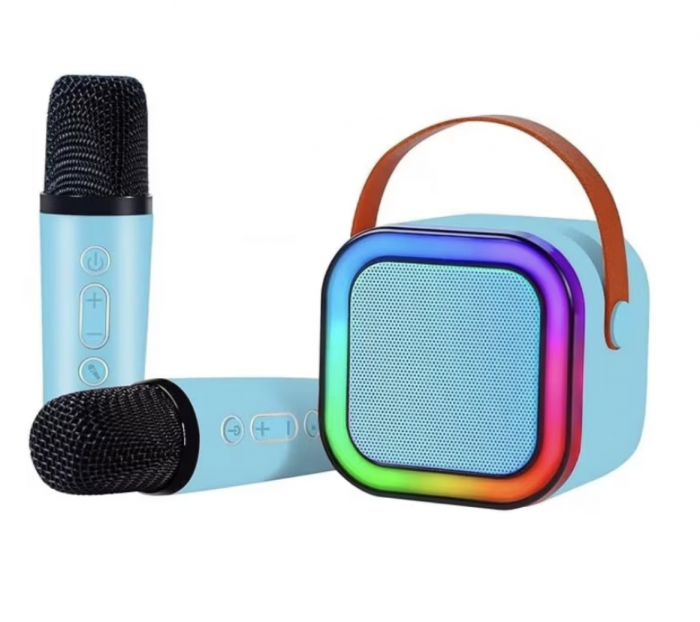 Set Karaoke cu Boxa Difuzor si 2 Microfoane Wireless, cu bluetooth, acumulator, crem [17]