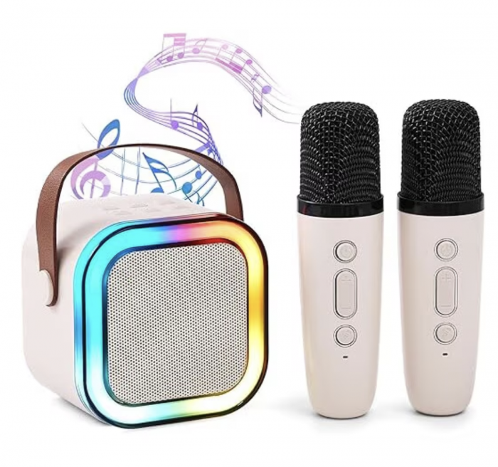 Set Karaoke cu Boxa Difuzor si 2 Microfoane Wireless, cu bluetooth, acumulator, crem [15]