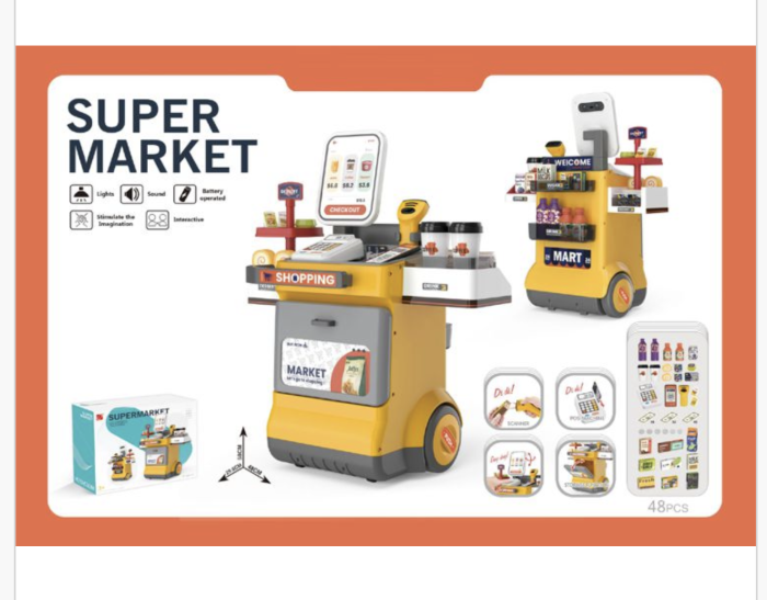 Set magazin de jucarie copii cu lada pe roti, scaner cu sunet si accesorii, galben [8]