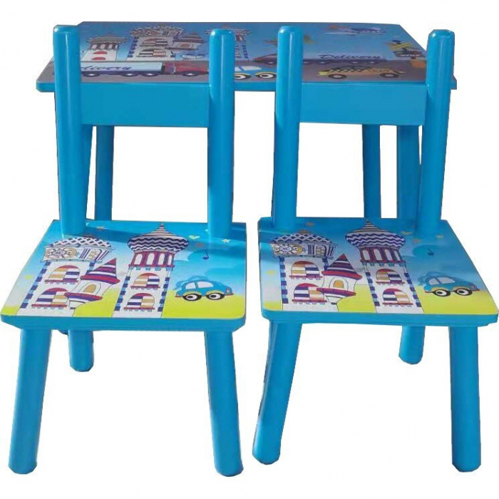 Set masuta cu doua scaune pentru copii, din MDF, albastru, 59x39x40 cm [2]