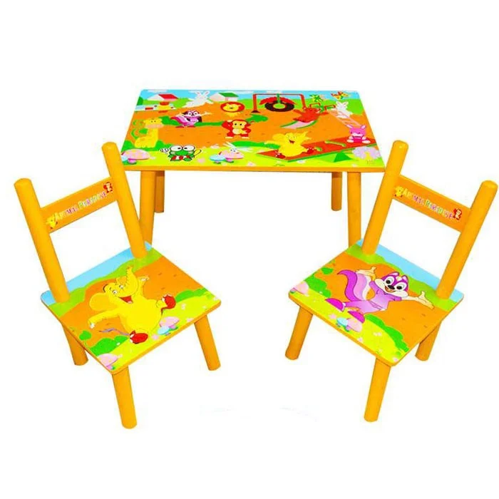 Set masuta cu doua scaune pentru copii, din MDF, portocaliu, 59x39x40 cm
