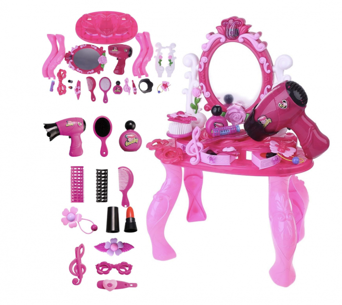 Set masuta de frumusete pentru copii, cu oglinda si accesorii, roz