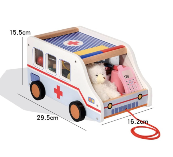 Set medical din lemn Ambulance Doctor cu masinuta de tras, ursulet si 29 piese, +3 ani [10]