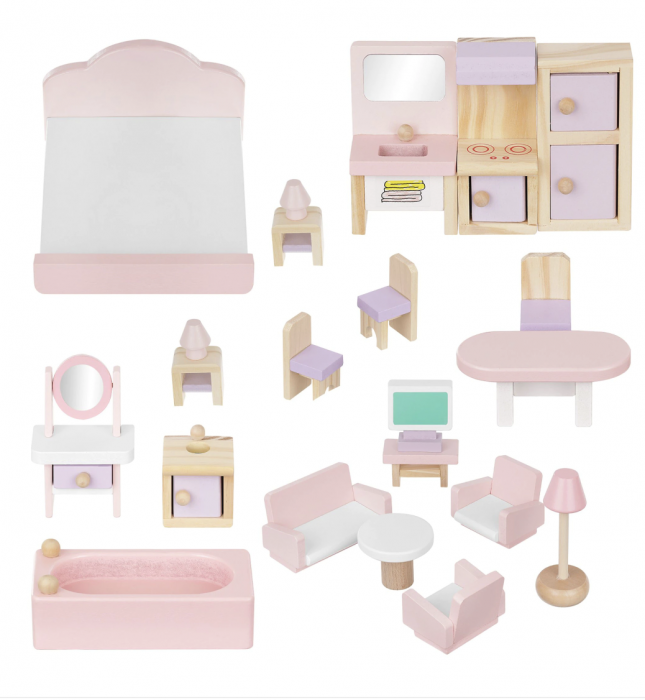 Set mobilier roz pentru casuta de papusi, 22 piese, din lemn [2]