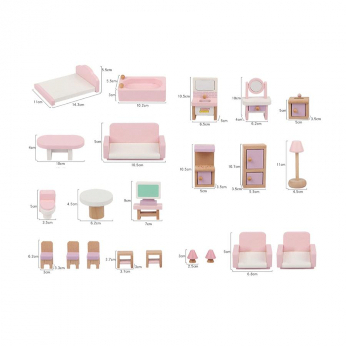 Set mobilier roz pentru casuta de papusi, 22 piese, din lemn [7]
