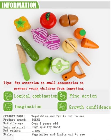 Set Montessori 12 Piese, Tavita cu legume si fructe de taiat, din lemn [4]