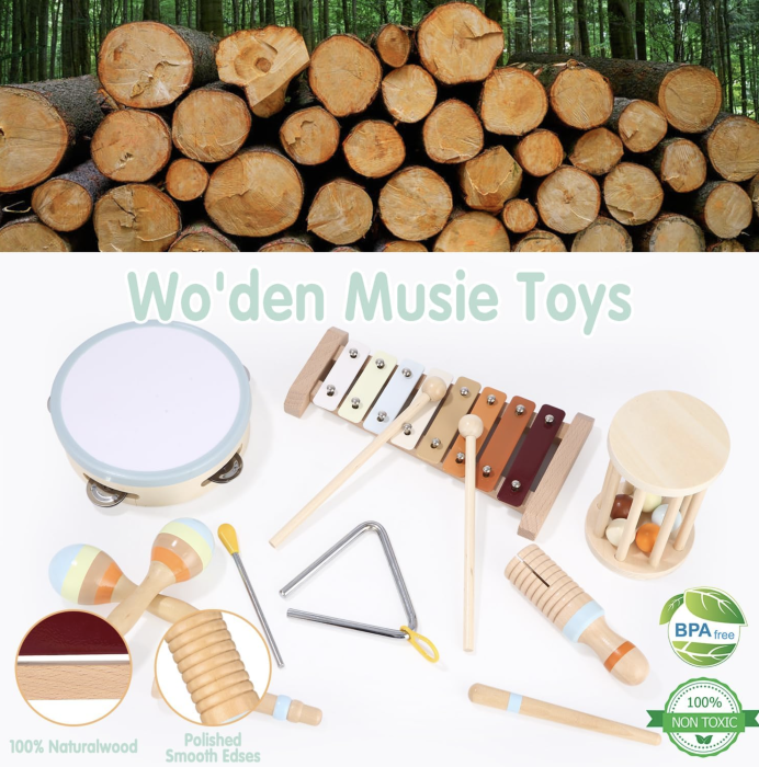Set Montessori de 7 instrumente muzicale pentru copii, din lemn [7]
