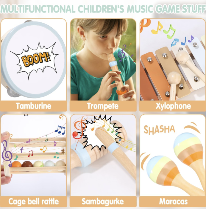 Set Montessori de 7 instrumente muzicale pentru copii, din lemn [8]