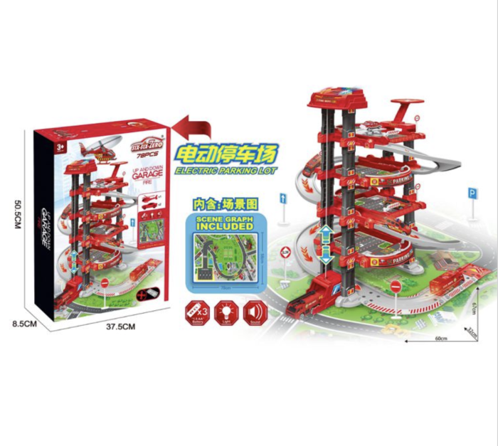 Set parcare pompieri de jucarie cu lift, lumini si covoras oras, 78 piese [5]