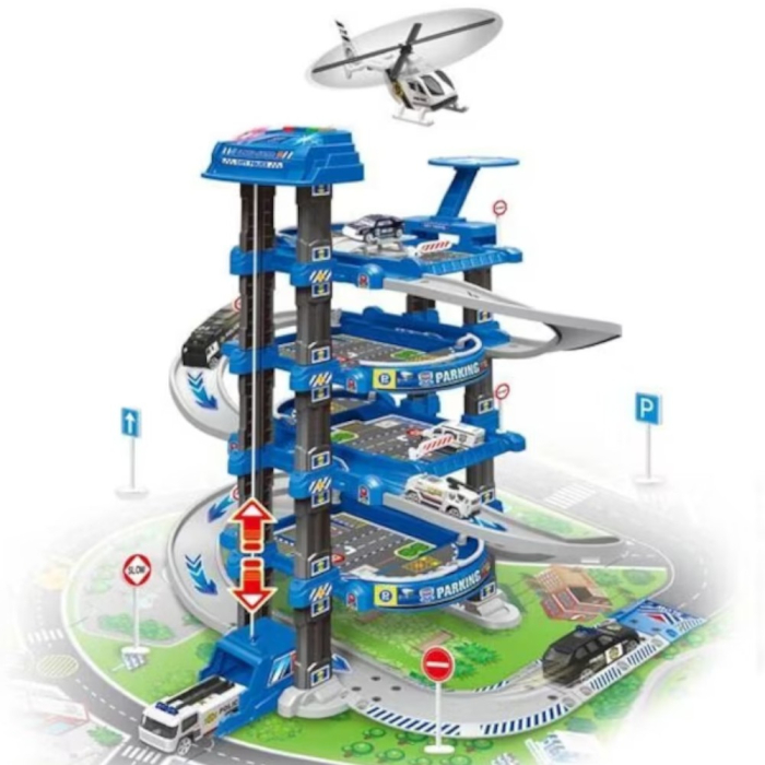 Set parcare politie de jucarie cu lift, lumini si covoras oras, 82 piese [3]