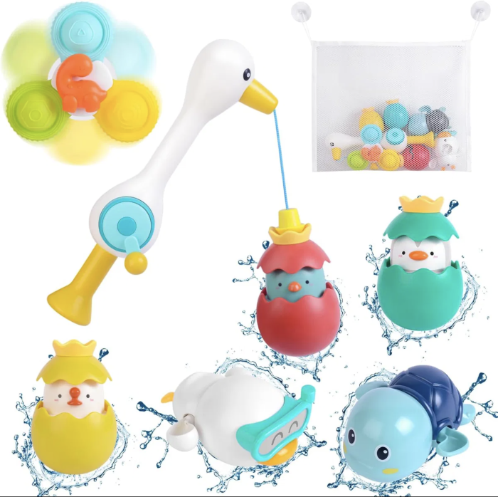 Set pescuit magnetic pentru baie Egreta cu jucarii plutitoare si plasa de depozitare [2]