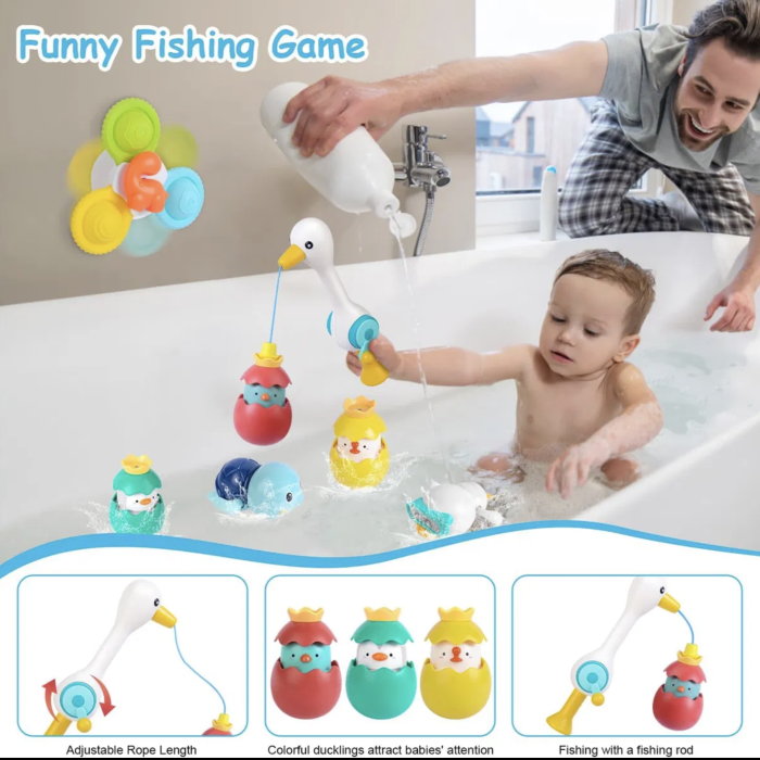 Set pescuit magnetic pentru baie Egreta cu jucarii plutitoare si plasa de depozitare [4]